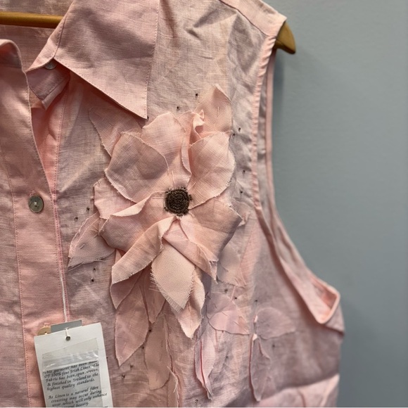 NWT Edward Woman 2X Linen Button Shirt Top Pink Flower appliqué beaded - Picture 4 of 12